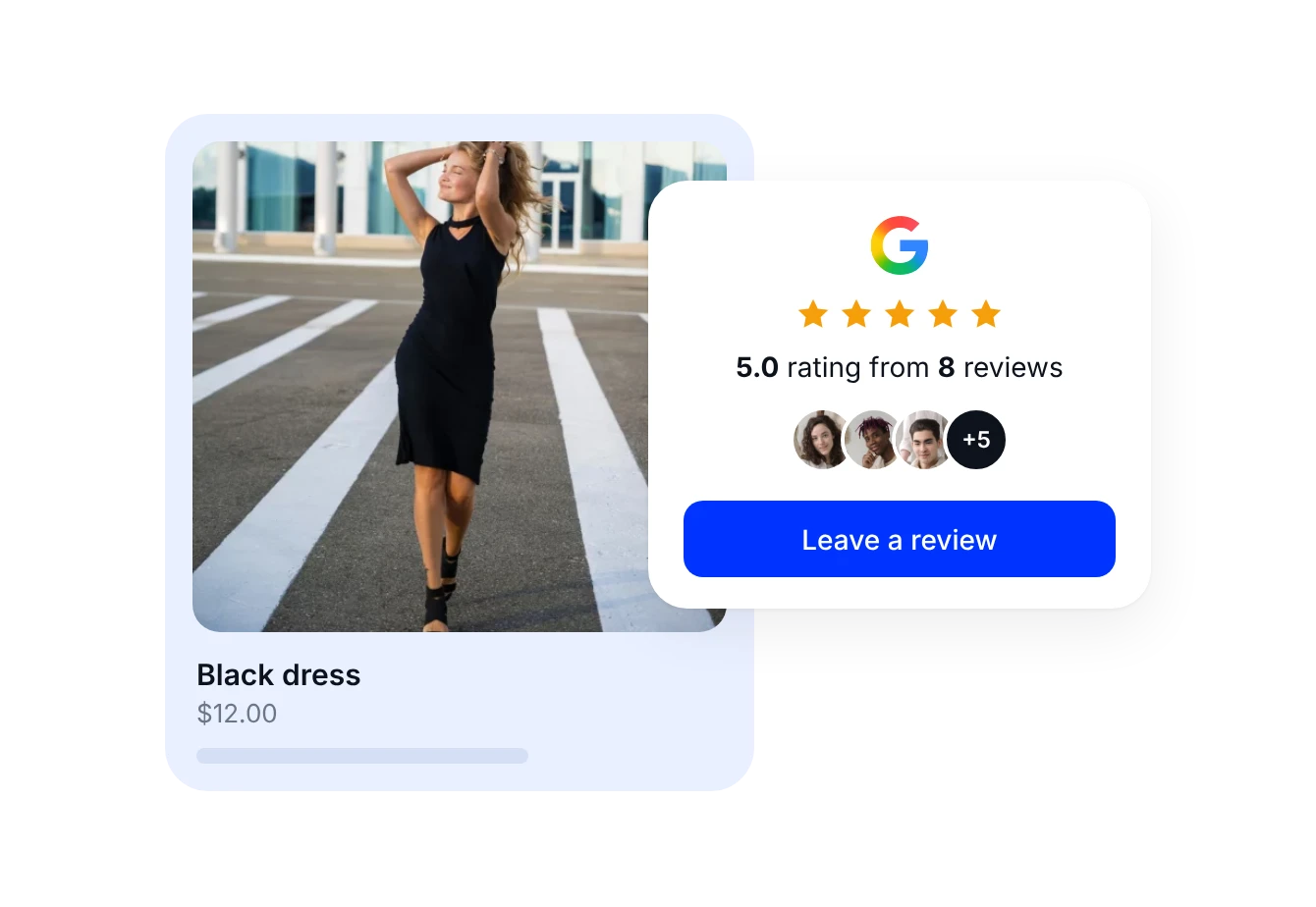 Insignia de reseñas de Google con 5.0 de 8 reseñas, fotos de autores y un botón para dejar una reseña en la página de producto de una tienda