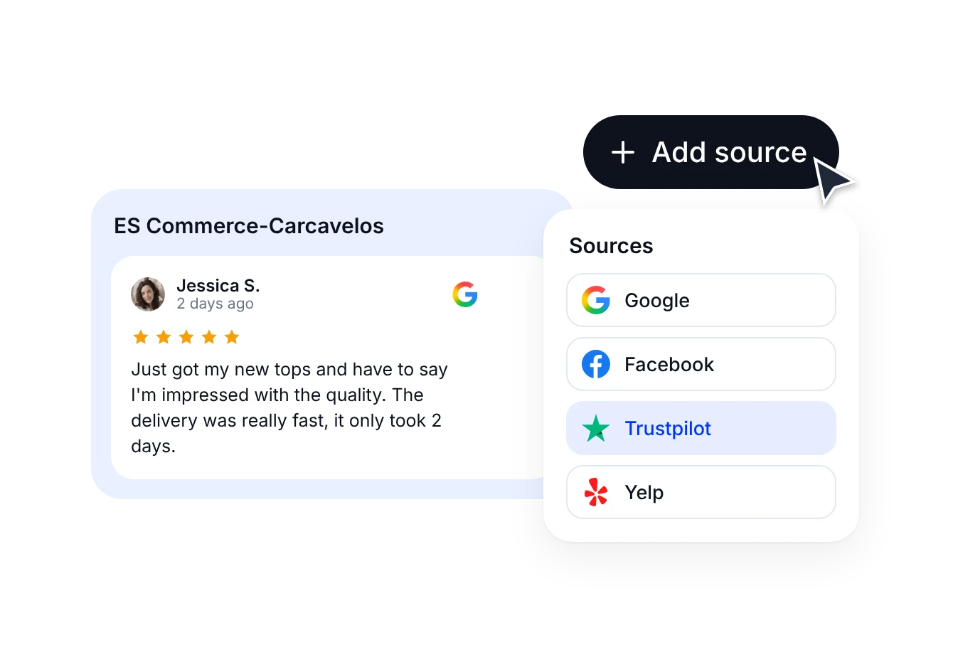 Eine Google-Bewertung in einem Bewertungs-Widget neben der Liste ihrer Quellen mit Google, Facebook, Trustpilot und Yelp