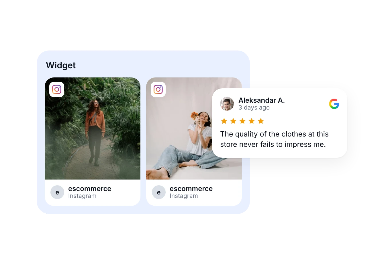 Zwei Instagram-Beiträge und eine Google-Bewertung mit 5 Sternen zusammen in einem EmbedSocial-Widget