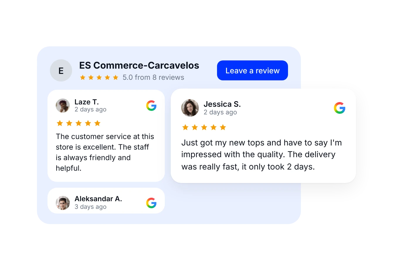 Wall-of-Love-Bewertungsseite mit 5.0 aus 8 Google-Bewertungen, Bewertungskarten und einem Button zum Bewerten