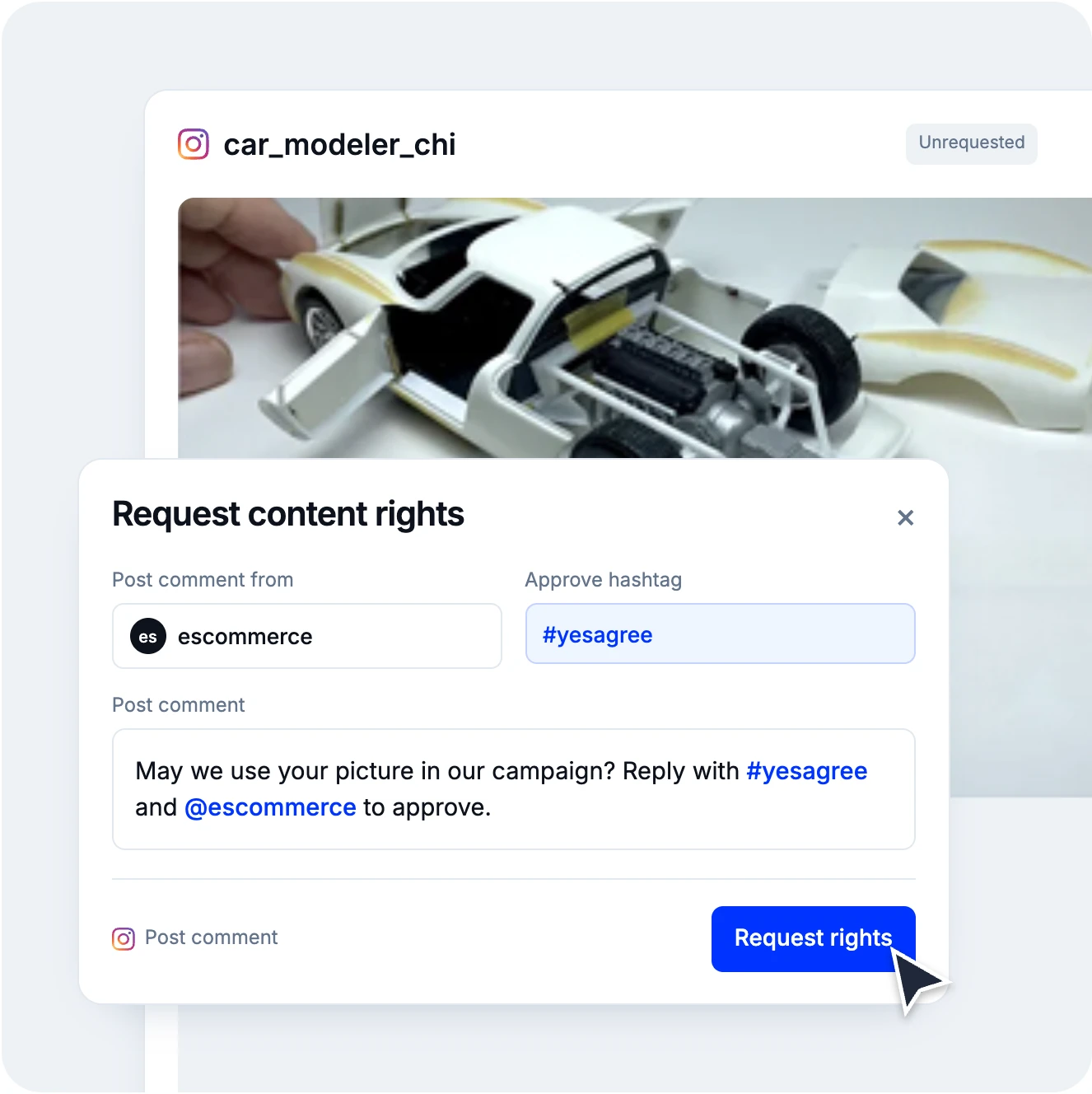 UGC rights requests via DM