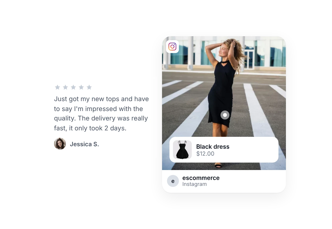 Eine statische Textbewertung neben einem synchronisierten Instagram-Beitrag mit einem kaufbaren Produkt-Tag
