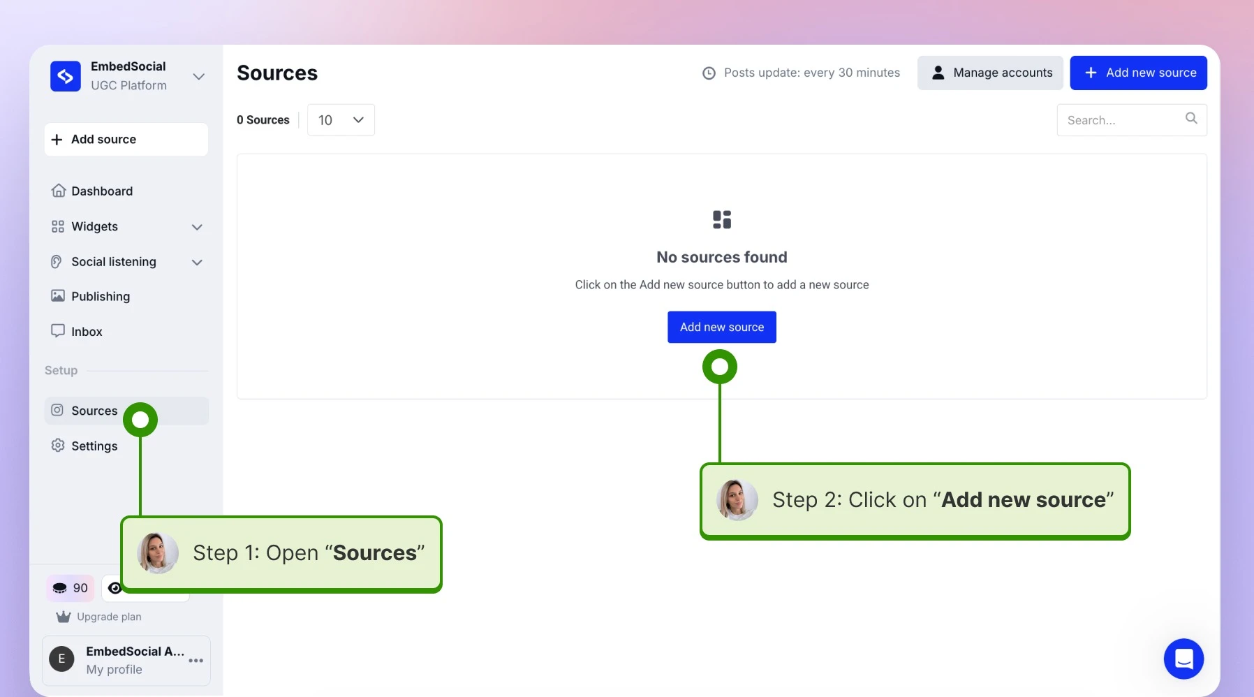 The Sources page with the Add new source button in the left menu