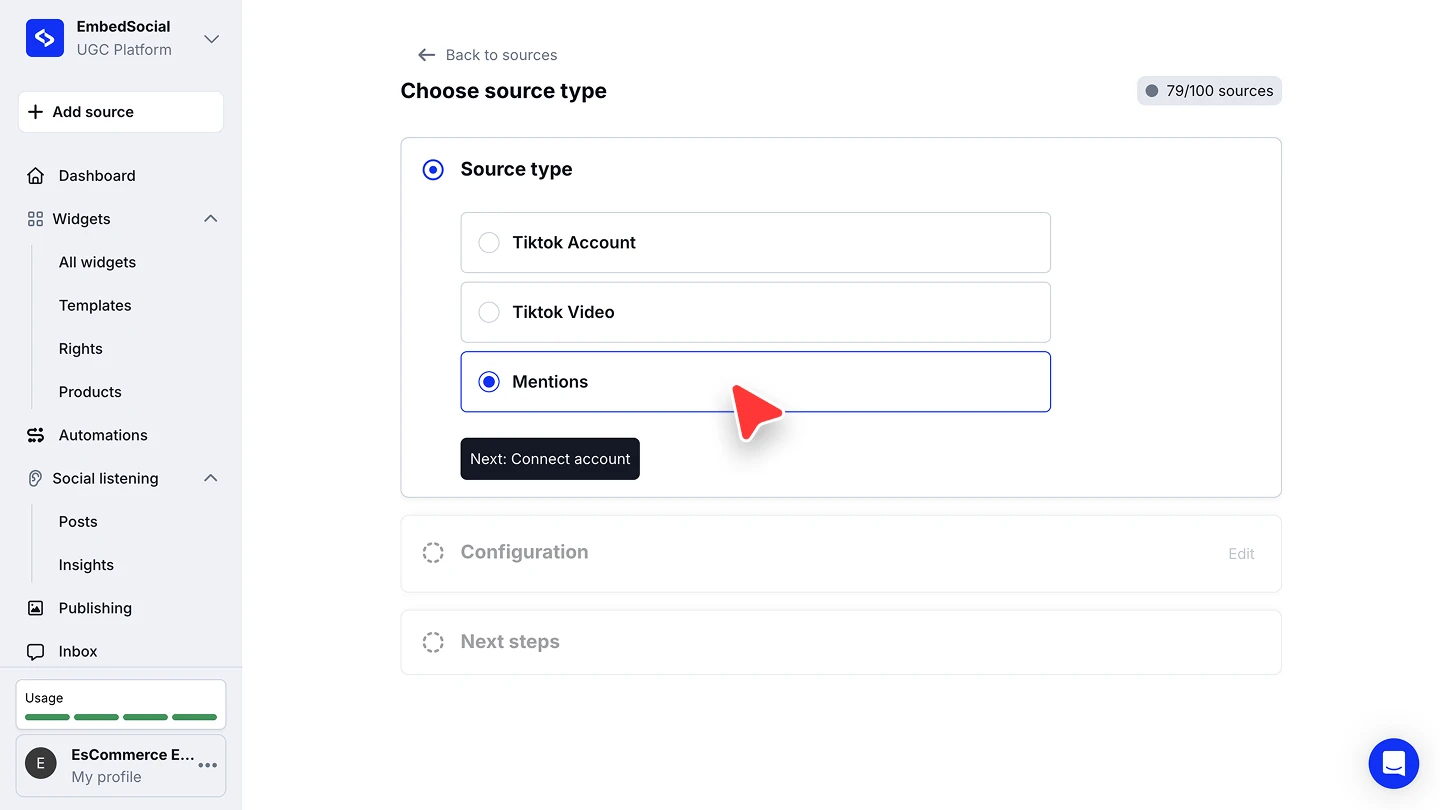 The Choose source type screen with TikTok Account, TikTok Video and Mentions as the options