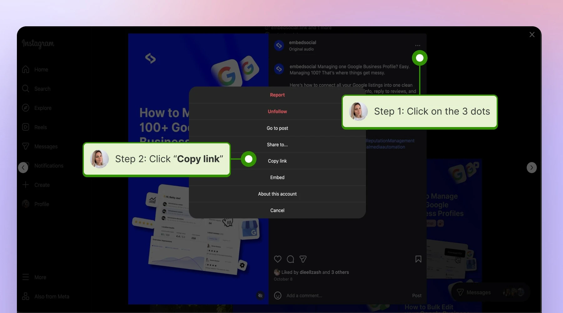 Copying the Instagram Reel link via the three-dot menu on desktop
