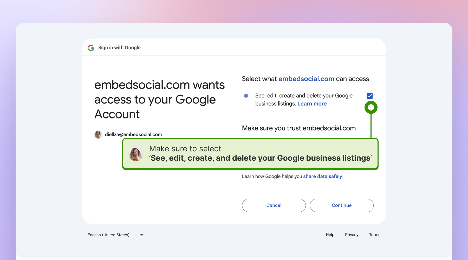 Googleのビジネス情報の表示、編集、作成、削除を許可する権限の画面