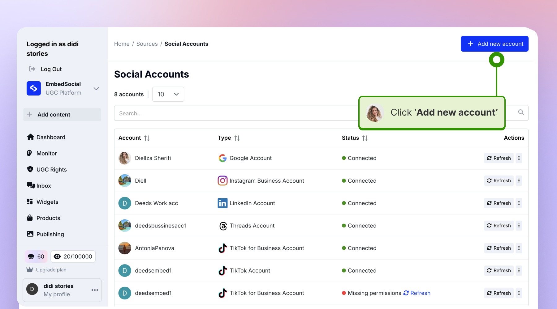 Add new accountをクリックしてGoogleアカウントを接続または再接続する画面