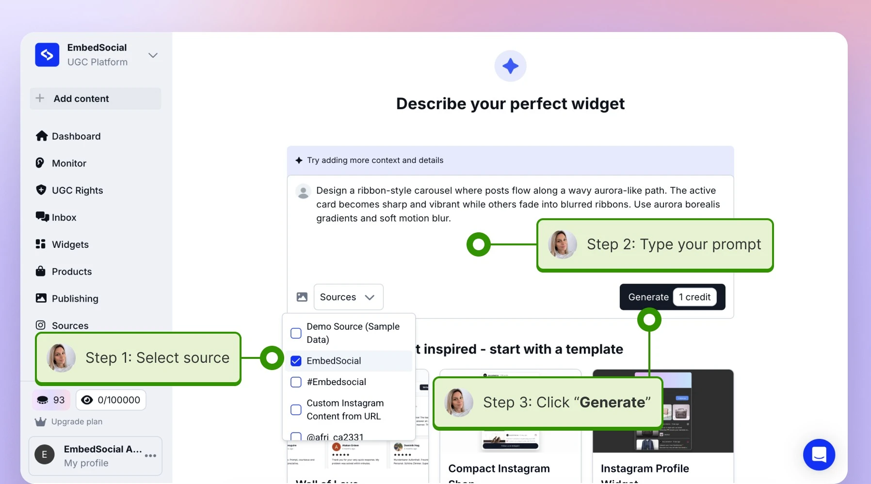 Typing a prompt in the AI widget generator and clicking Generate