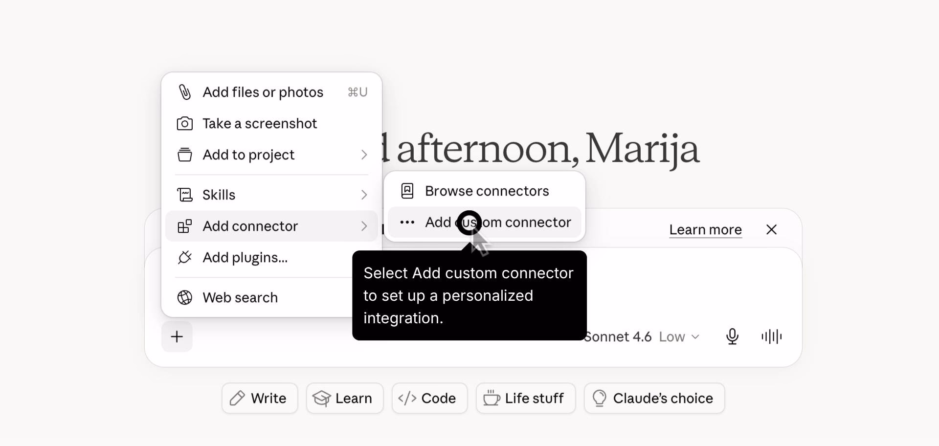 Navigating to the custom connector menu.