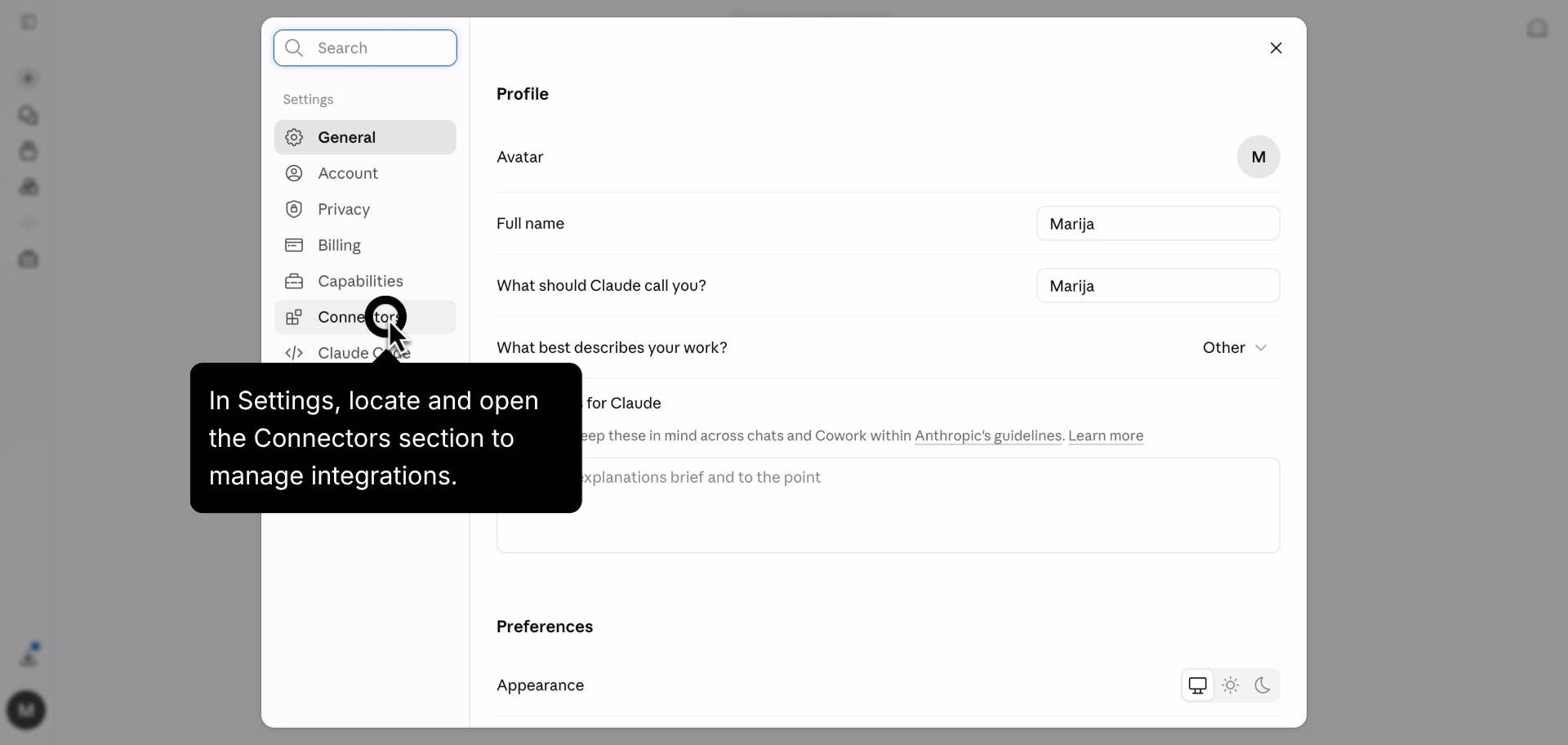 Opening the Connectors section in Settings.