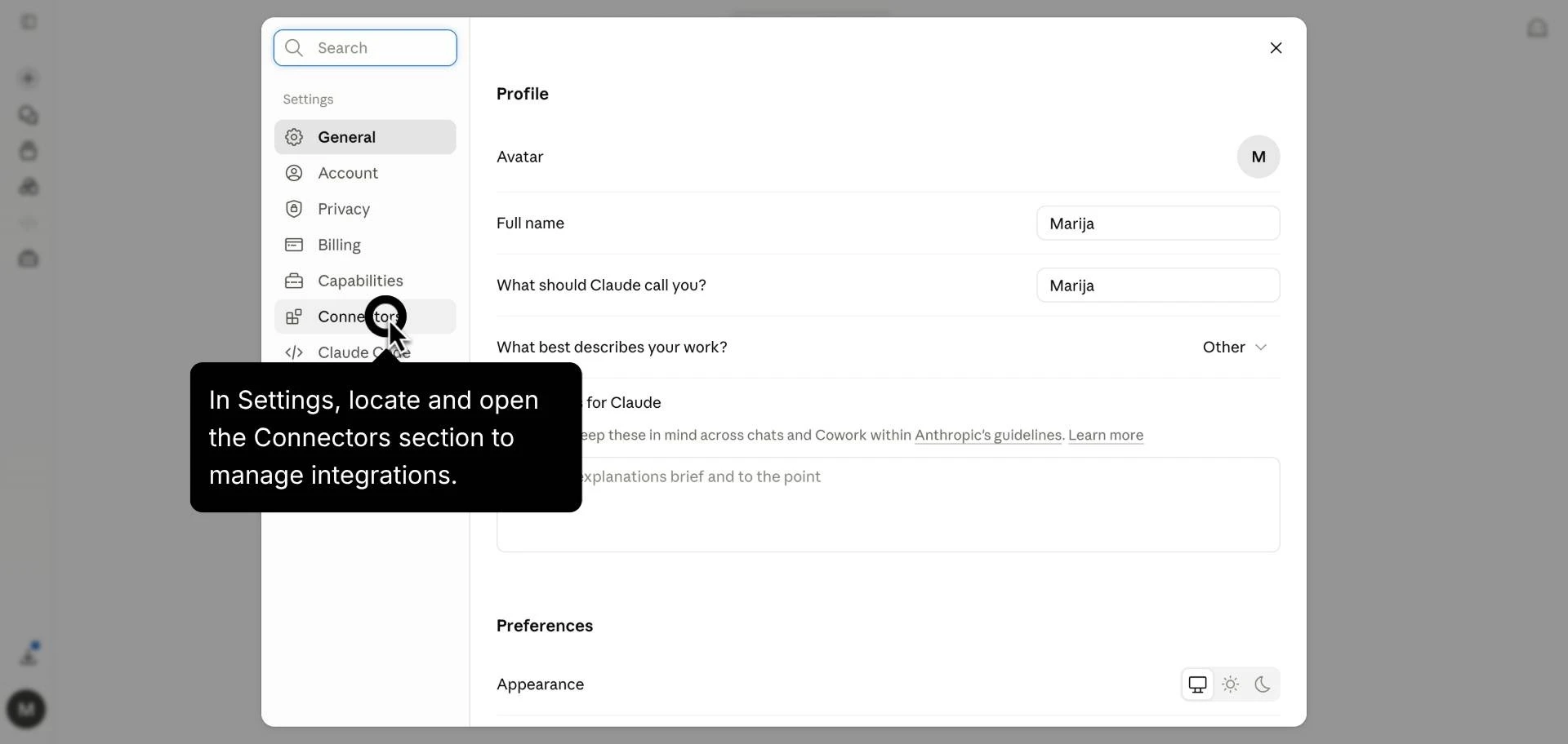 Opening the Connectors section in Settings.