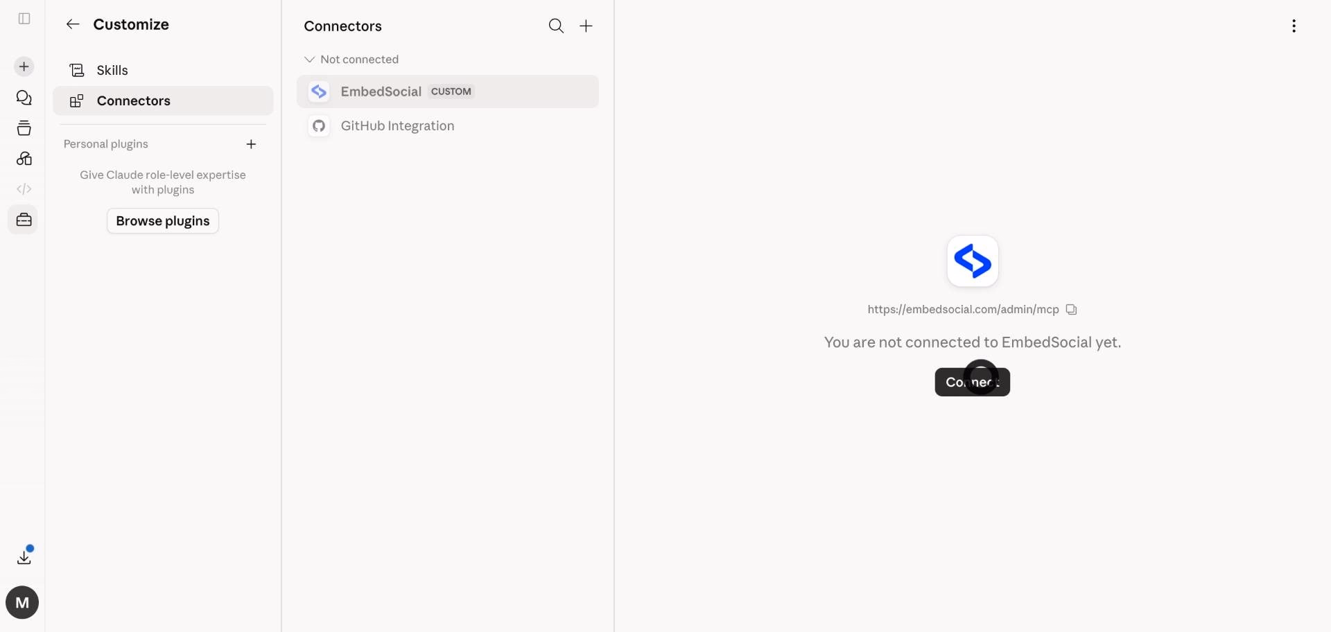 Clicking the Connect button for EmbedSocial.