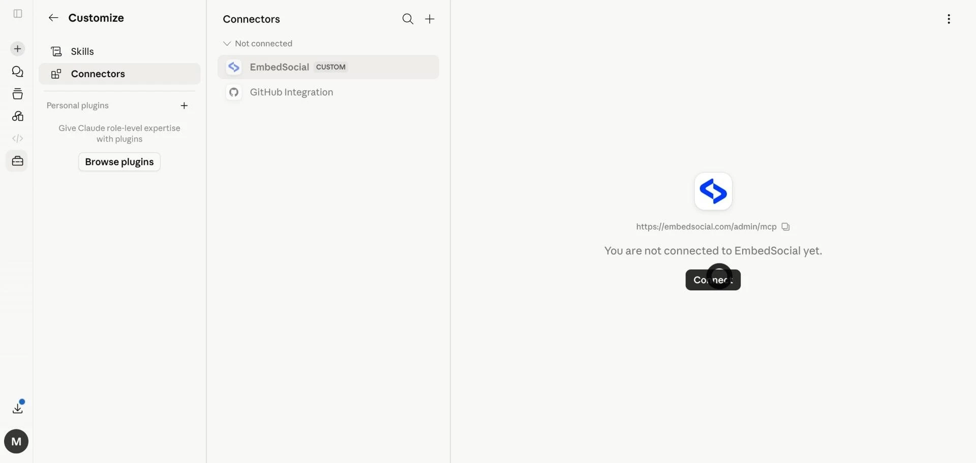 Clicking the Connect button for EmbedSocial.