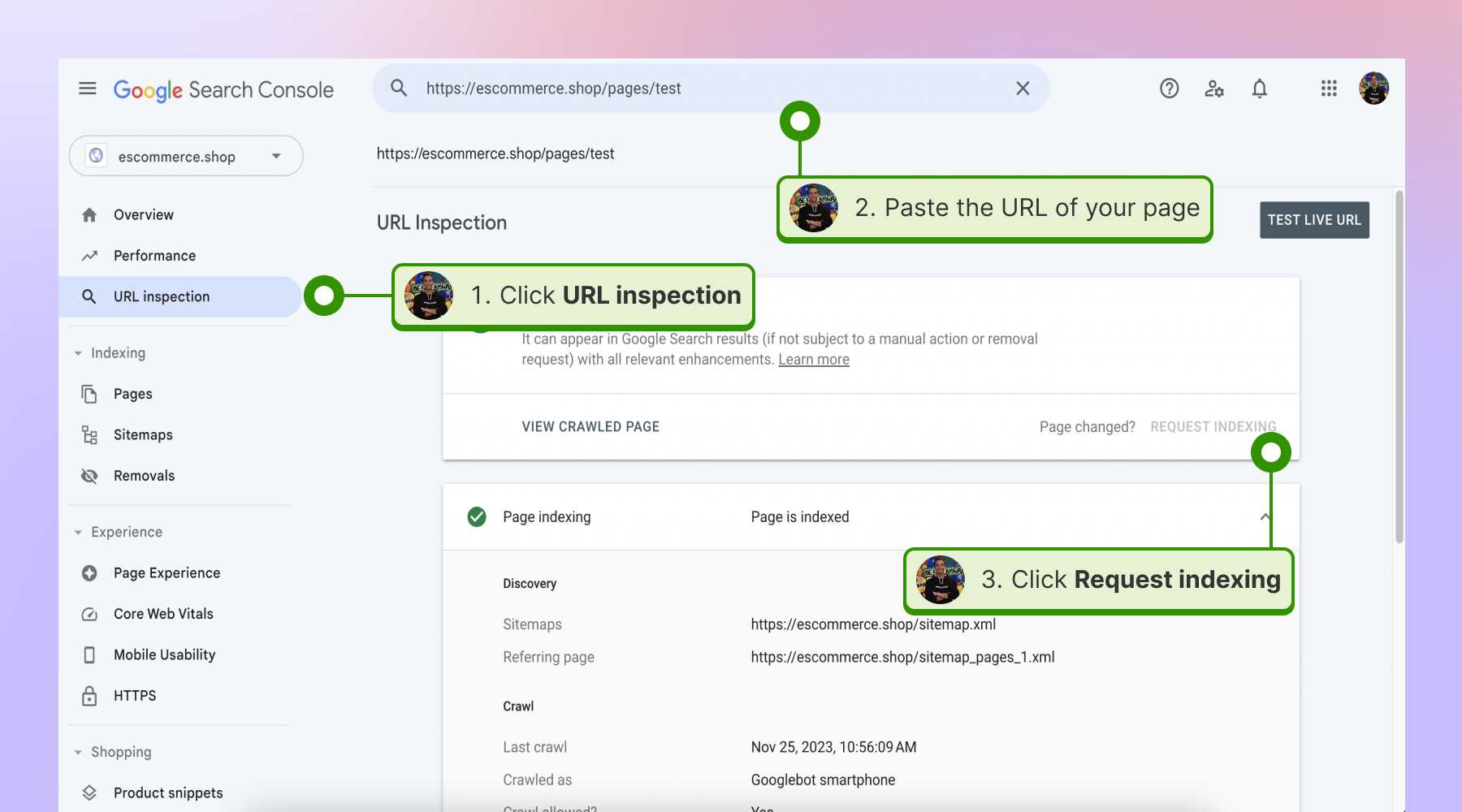 Request indexingのオプションが表示されたGoogle Search ConsoleのURL inspection画面
