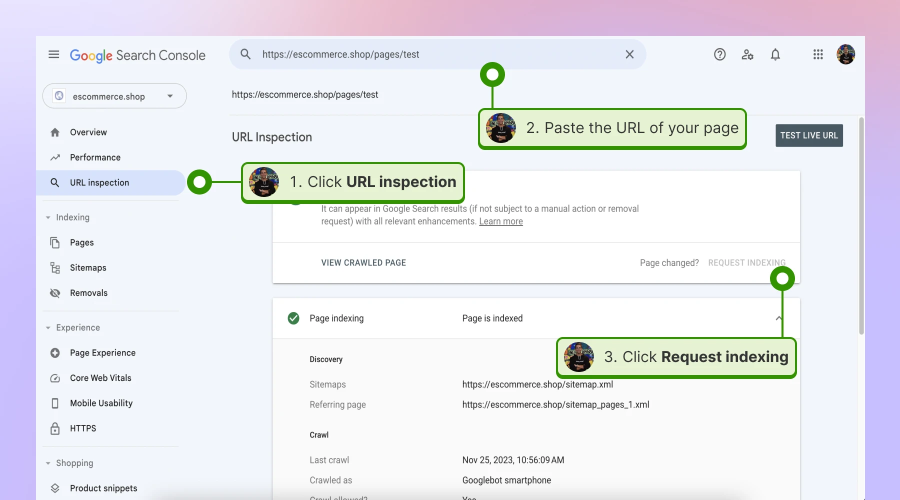 The URL inspection screen in Google Search Console with the Request indexing option