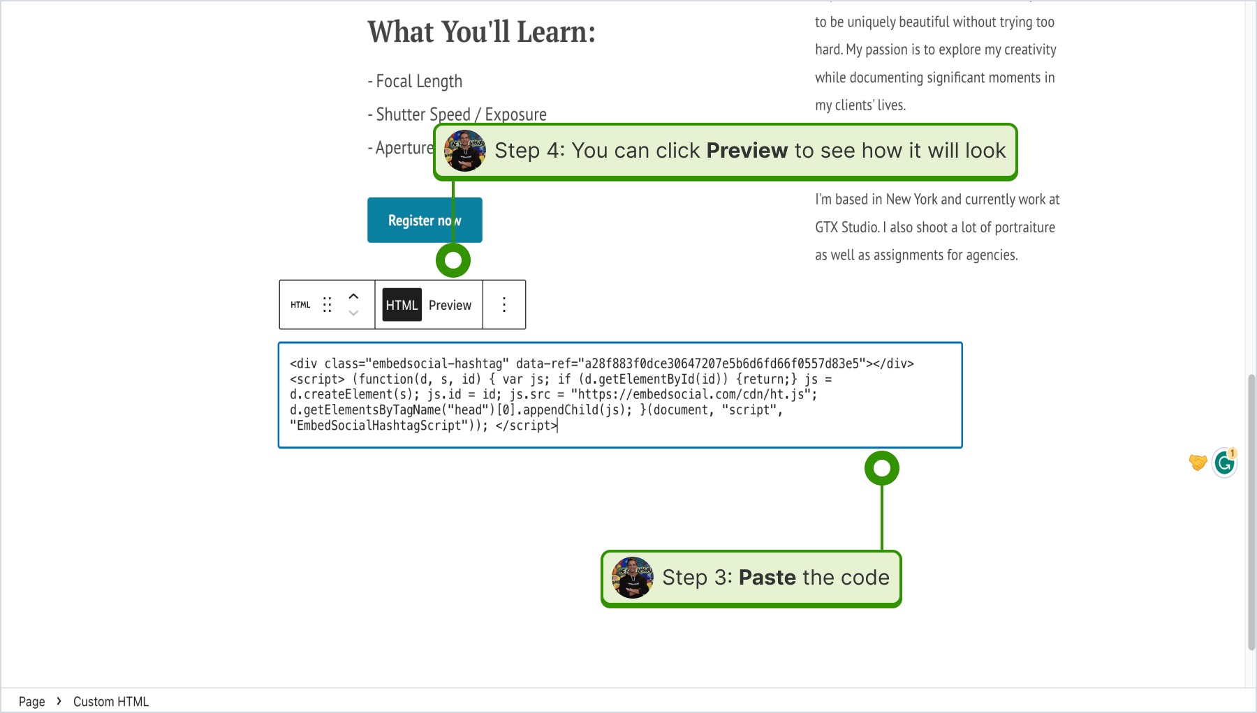 ポップアップにコードを貼り付けてPreviewをクリックしている画面