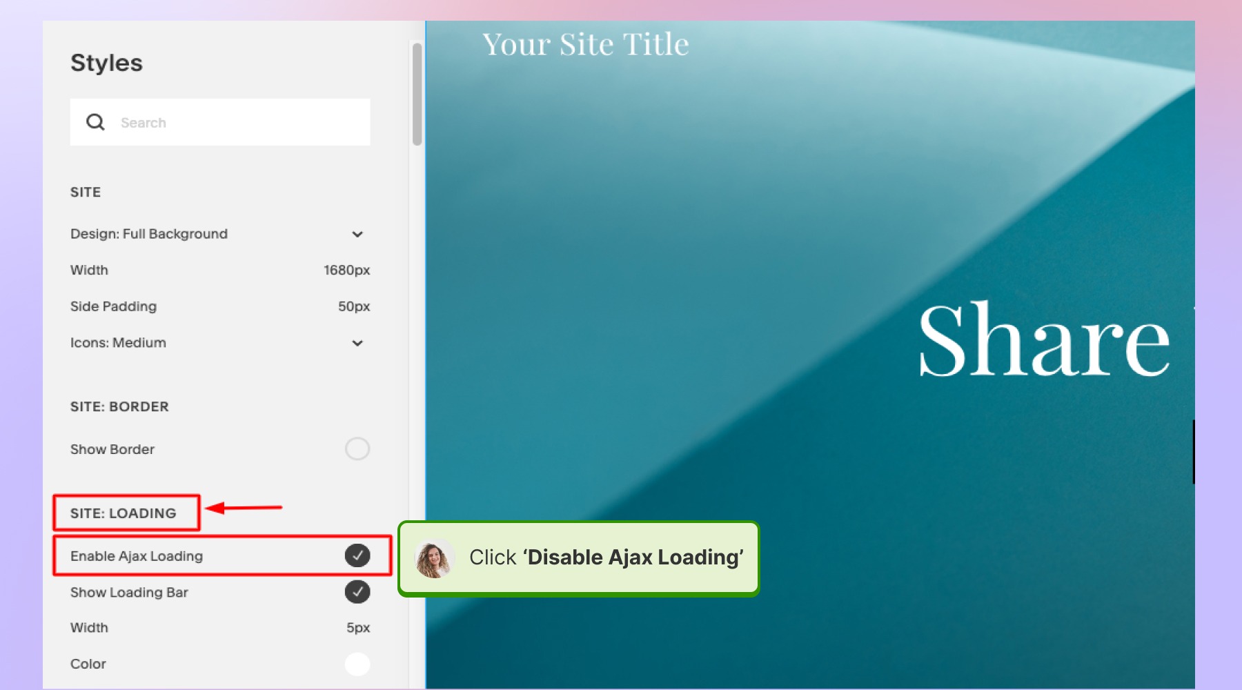 SquarespaceのサイトでAjax Loadingを無効にする画面