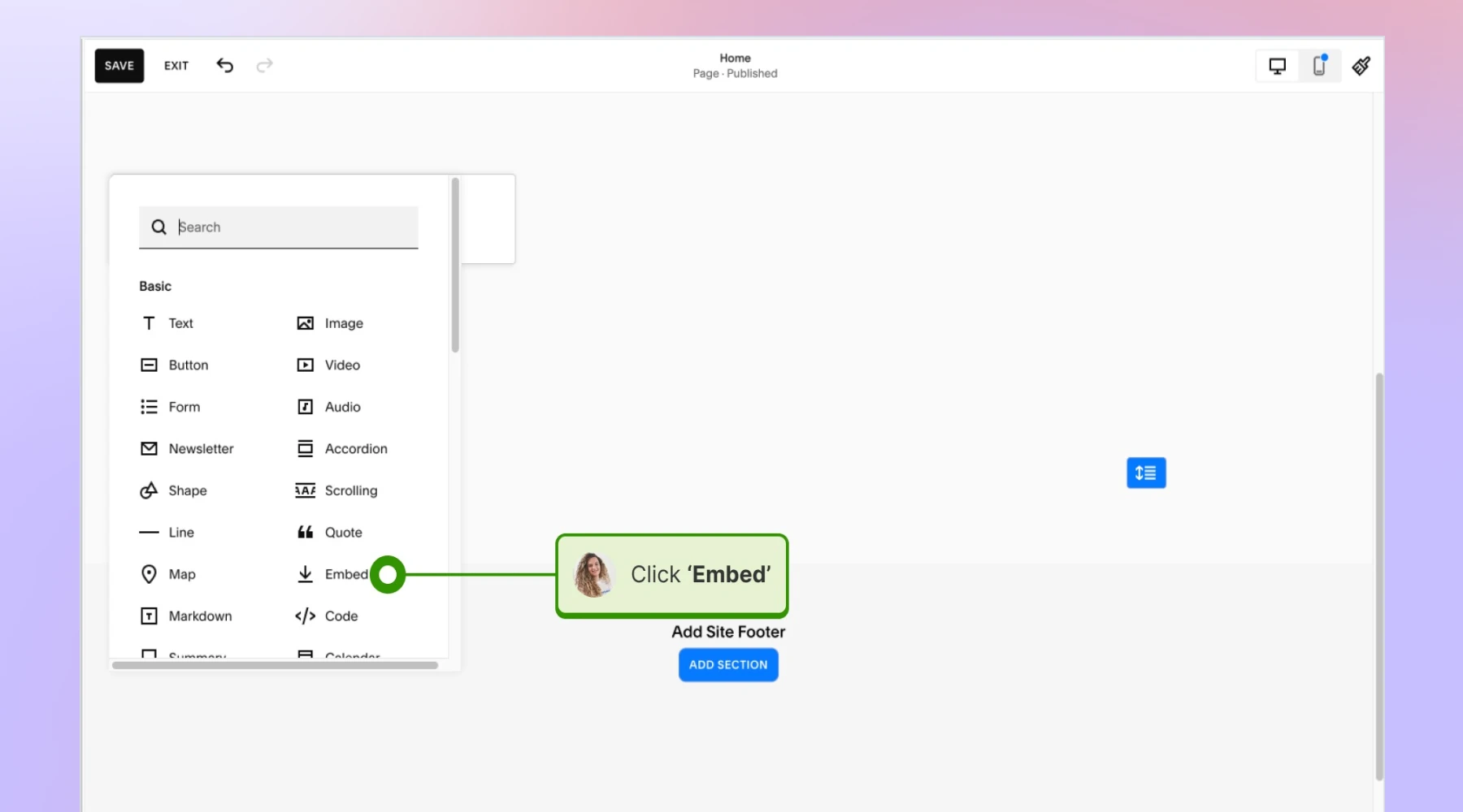 Choosing the 'Embed' content block type in SquareSpace