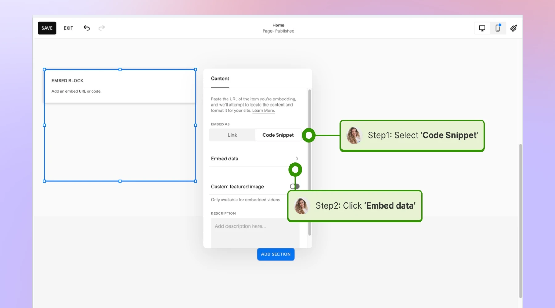 Pasting the  widget code in Squarespace
