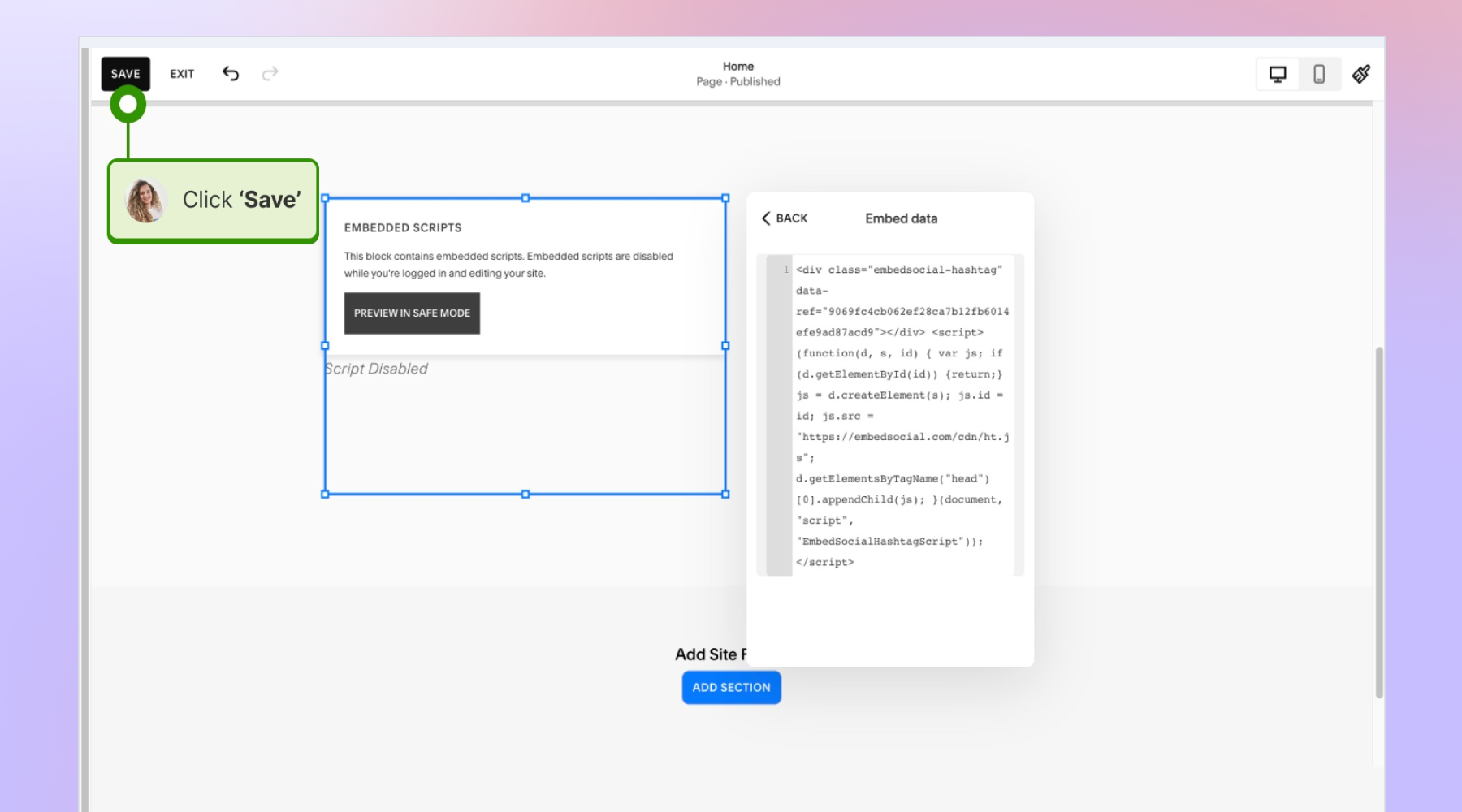 Squarespaceでウィジェットのコードを貼り付けてSaveをクリックしている画面