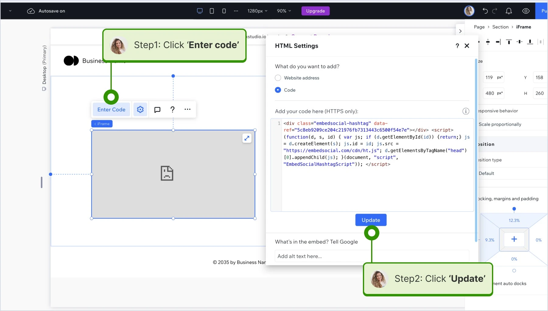 Entering the HTML code