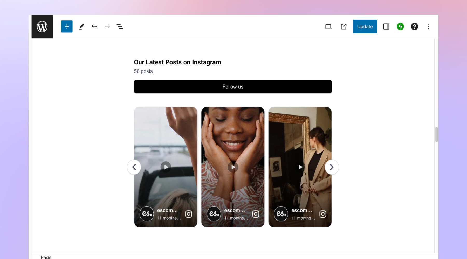 WordPressに埋め込まれたInstagramウィジェットの例