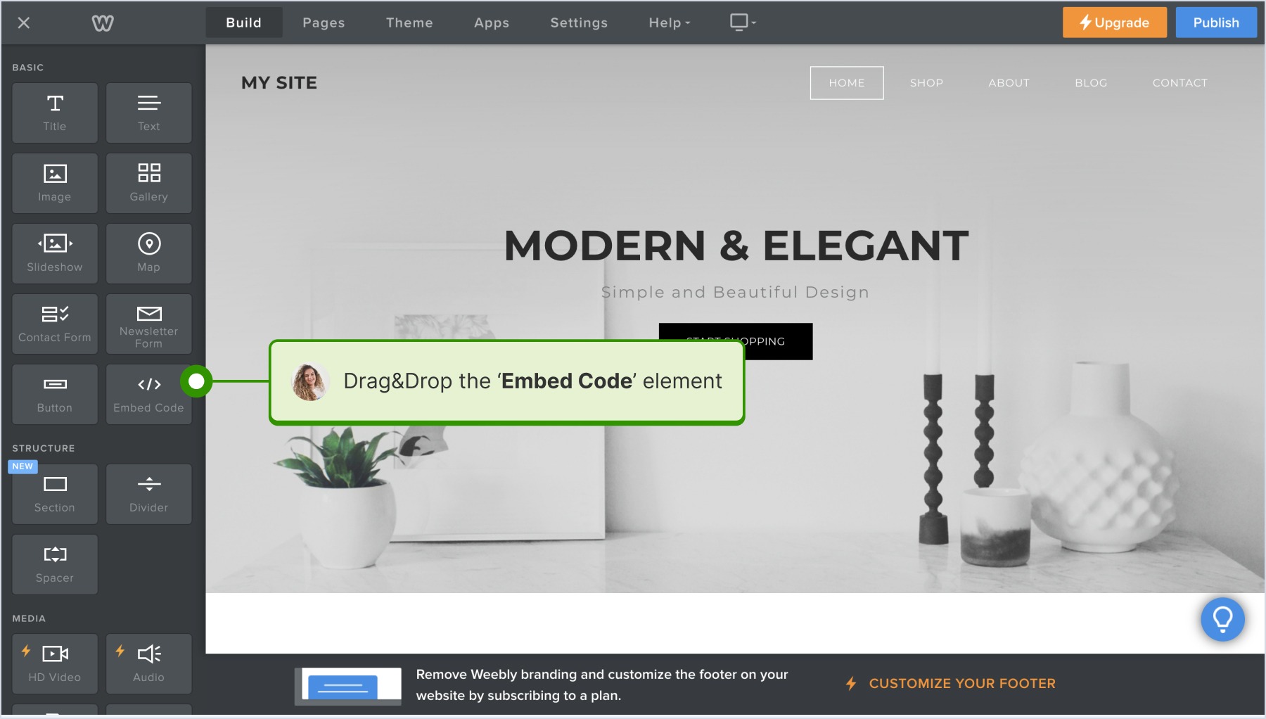 ウィジェットを配置するセクションを選び、embed code要素をエディタにドラッグ＆ドロップしている画面