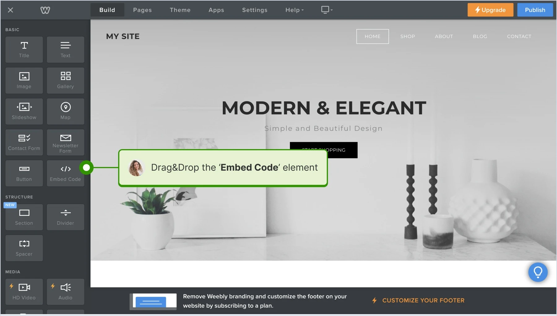 Choosing the section for widget placement and drag and dropping the embed code element on the editor