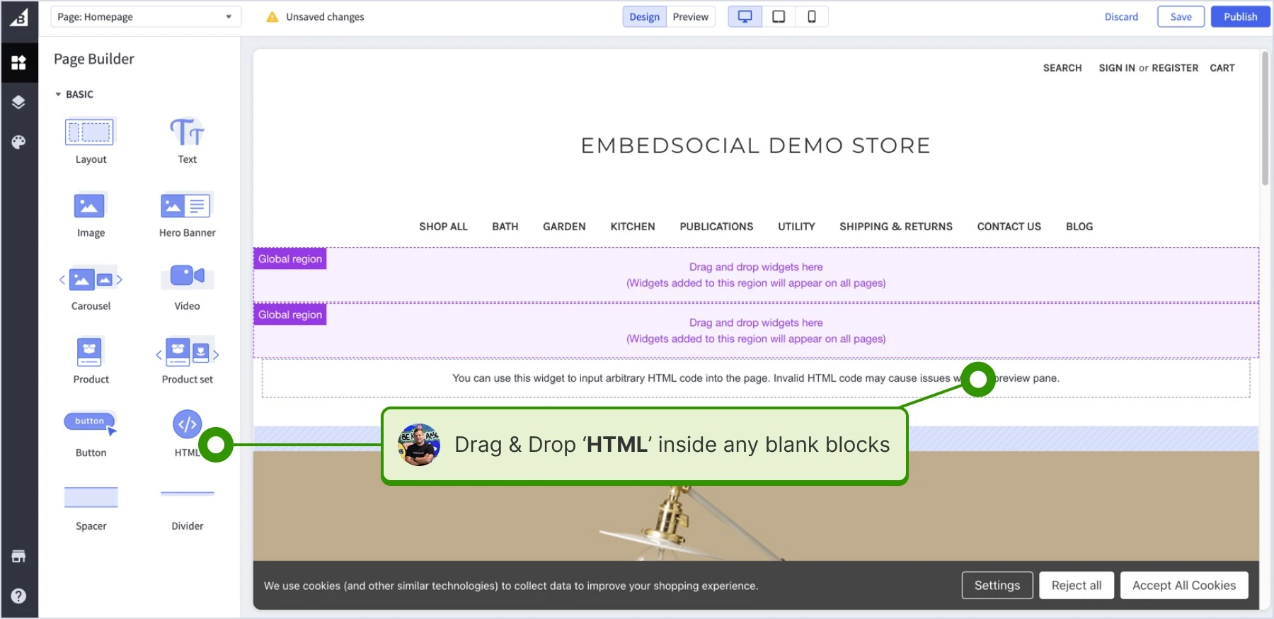 Dragging and dropping HTML element into the page editor