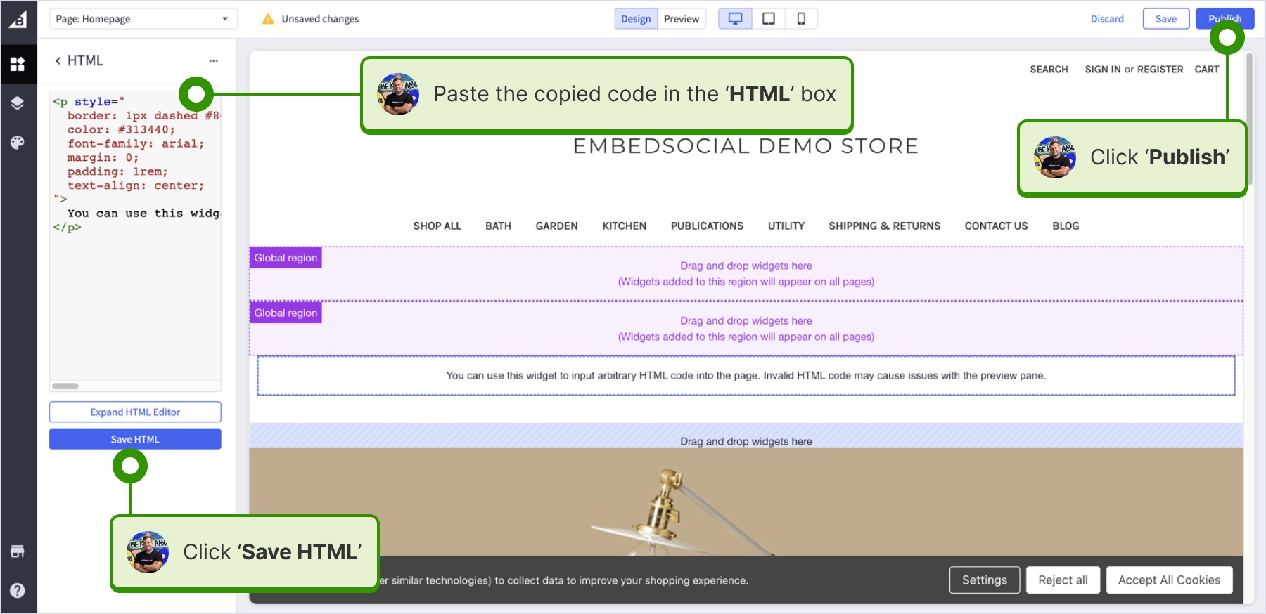 ウィジェットのコードを貼り付けて保存し、公開している画面