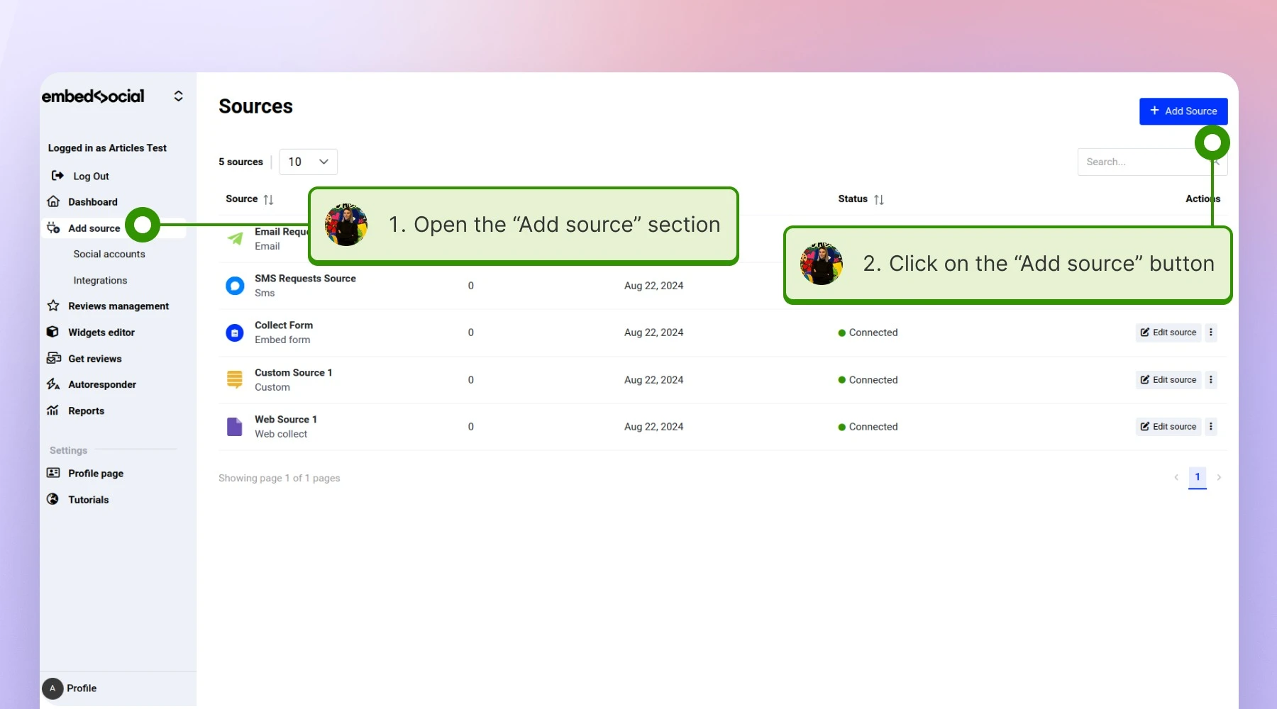 Opening the Sources tab and clicking on the Add Source button