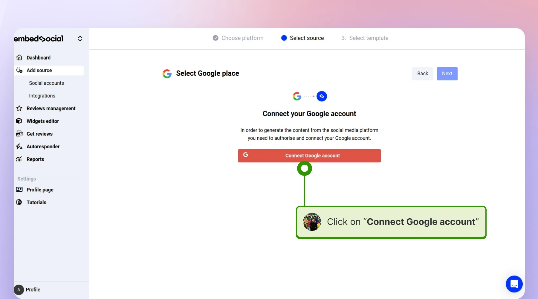 Clicking on the Connect Google account button