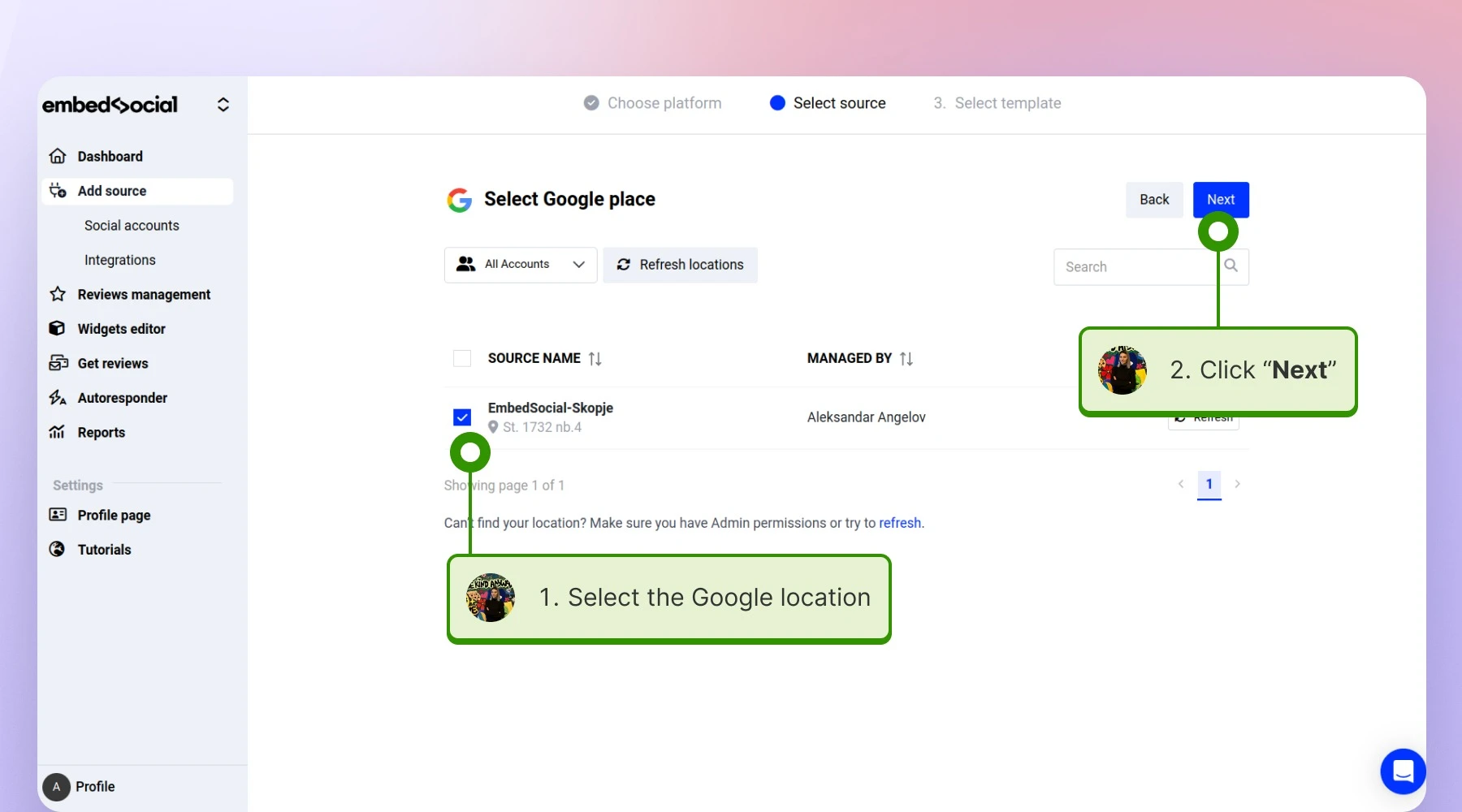 Choosing the Google location and clicking on the Next button