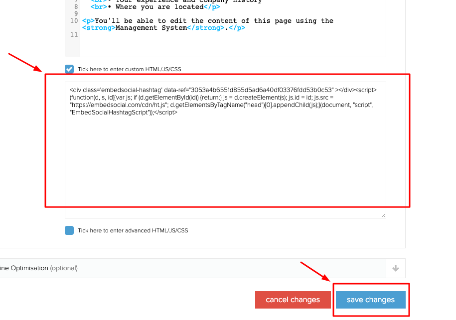 空欄にコードを貼り付けてSave changesをクリックしている画面