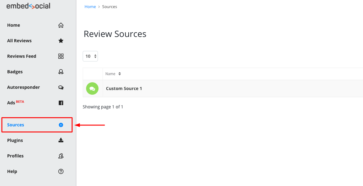 EmbedSocialの左メニューからSourcesを開いている画面