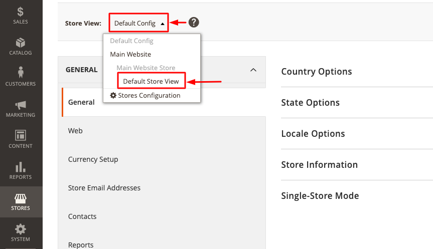 MagentoのDefault ConfigurationsでDefault Store Viewを選んでいる画面