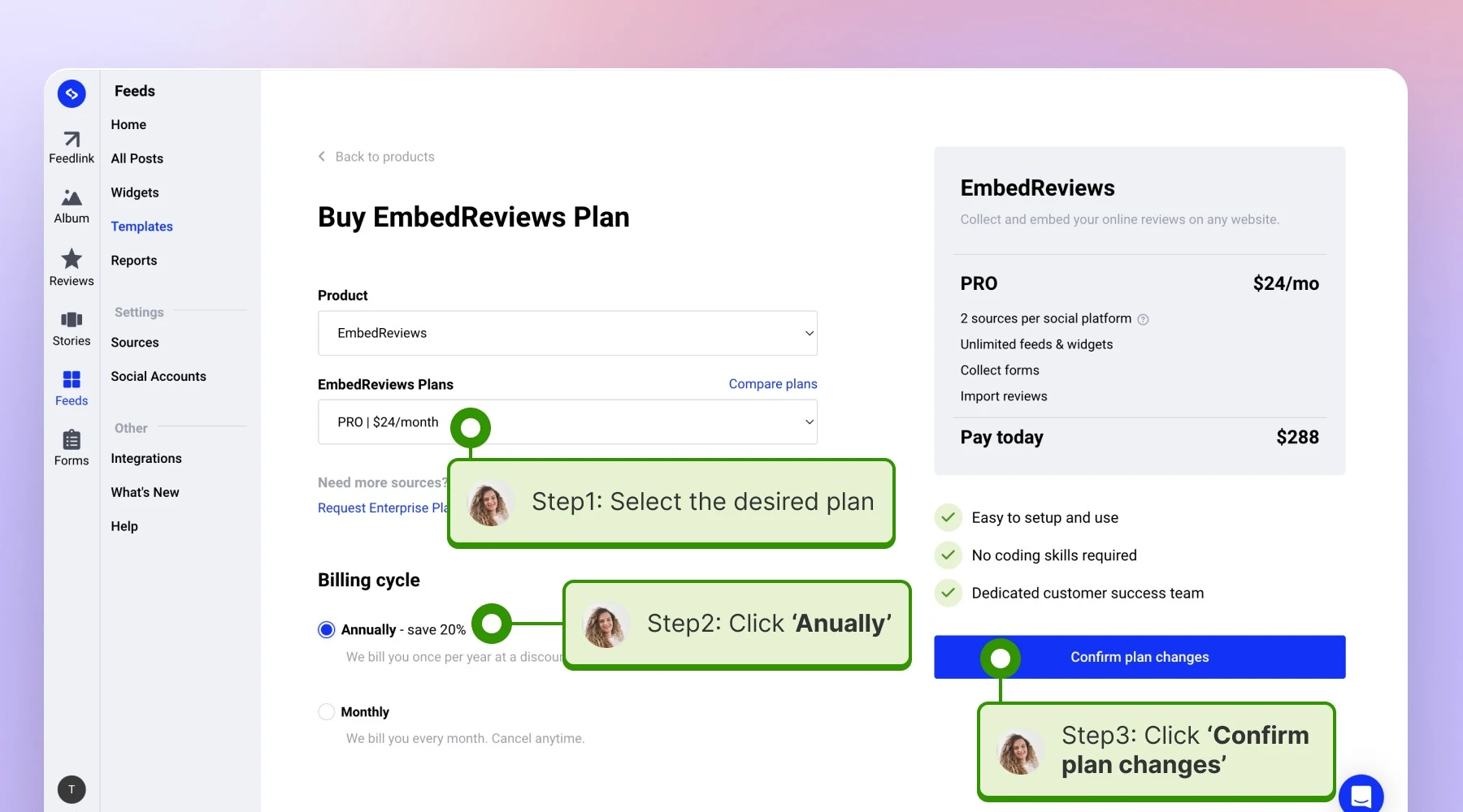 Selecting the desired plan, clicking on anually and confirming the plan changes