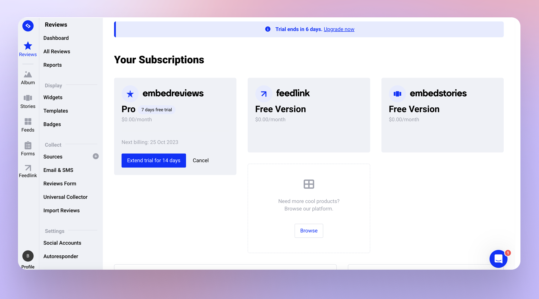 Extend trial をクリックしてトライアルを14日間延長する