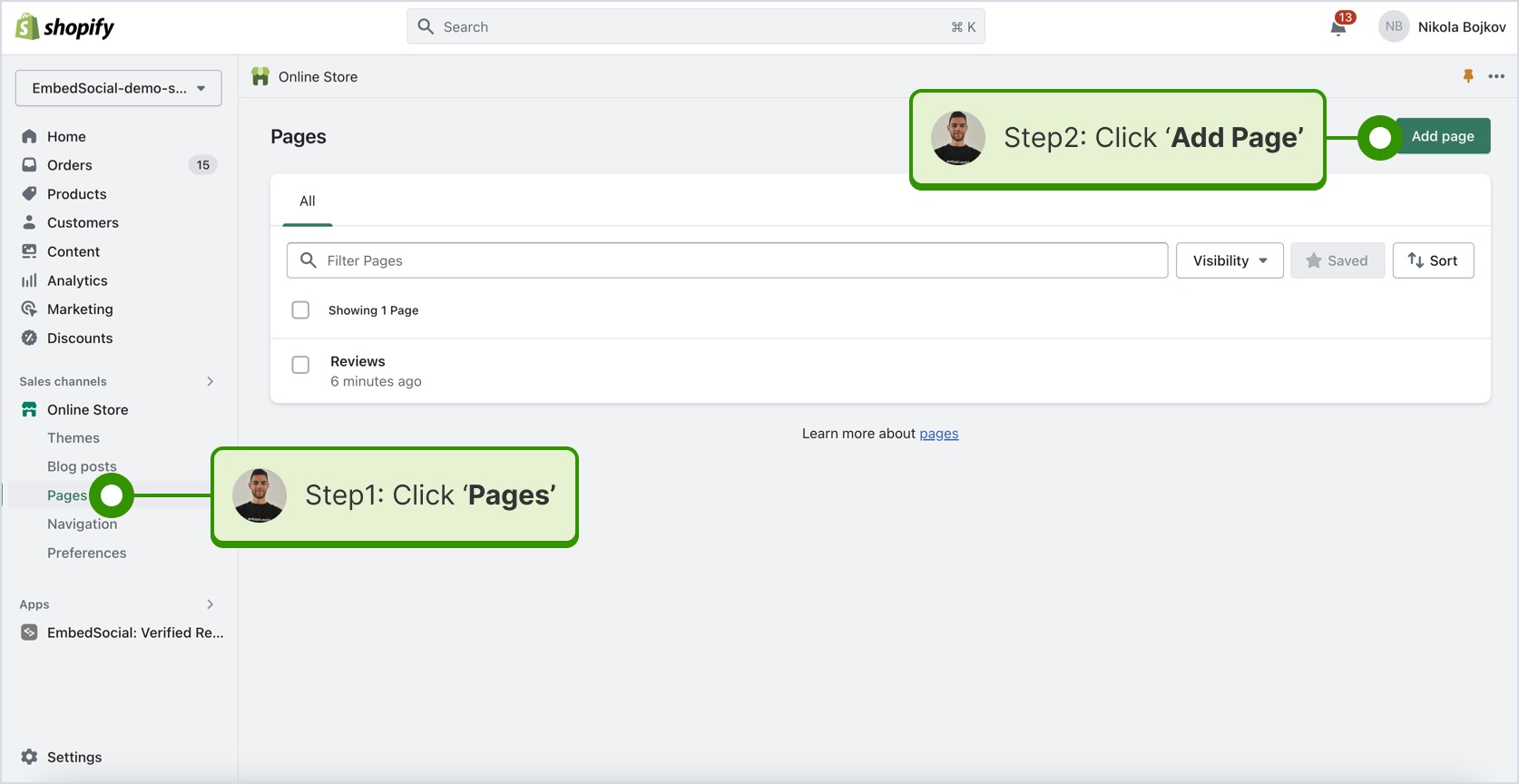ShopifyのPagesセクションでAdd pageをクリックしている画面