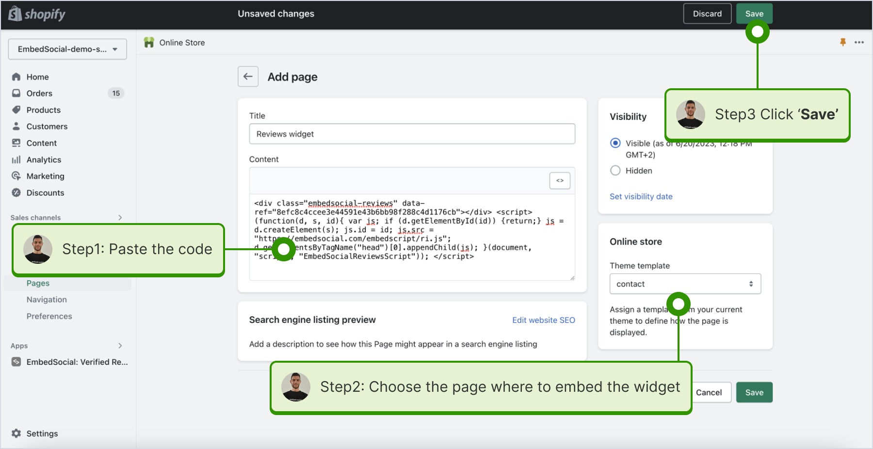 ShopifyでContentボックスにコードを貼り付けてSaveをクリックしている画面