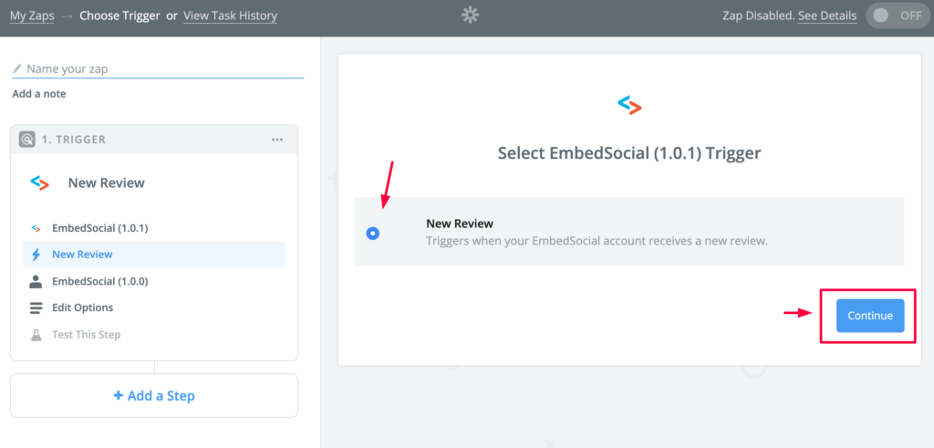 EmbedSocialのNew Reviewトリガーを選択している画面