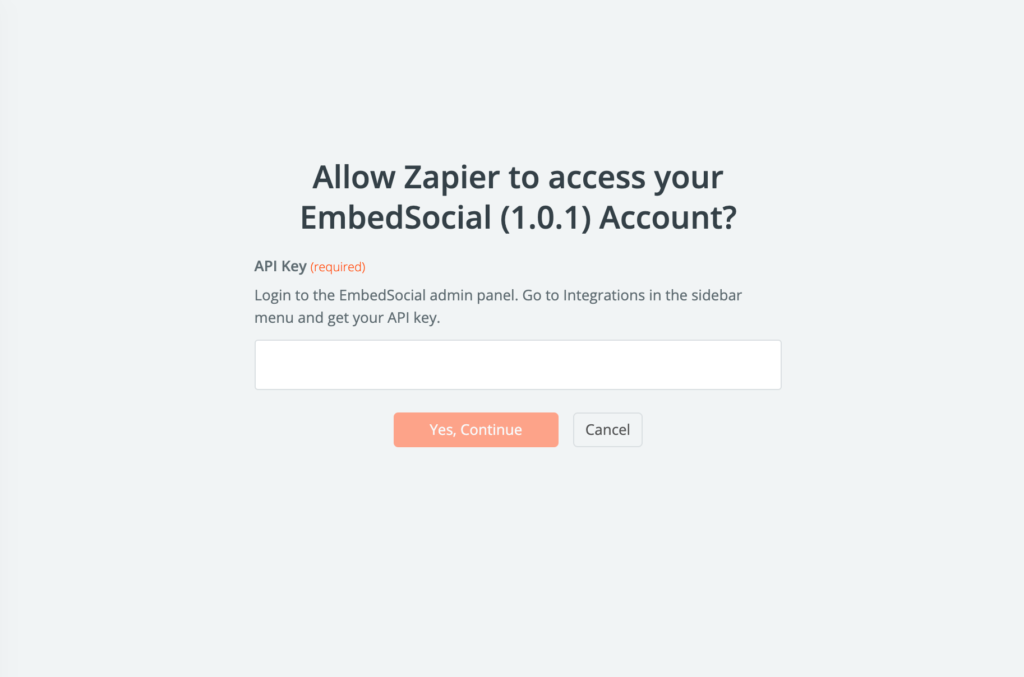 EmbedSocialとZapierを接続するためにAPIキーを入力するポップアップ