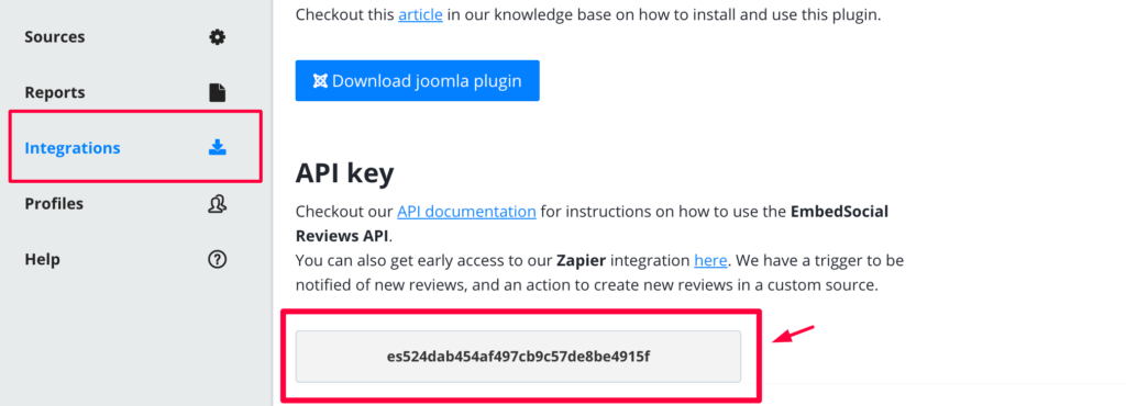 EmbedSocialのIntegrationsページ下部からAPIキーをコピーしている画面