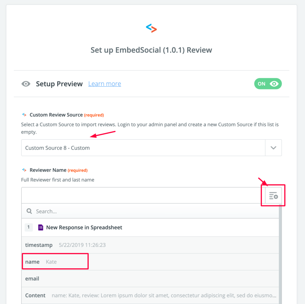 GoogleスプレッドシートのデータをReviewer Nameの項目に割り当てている画面