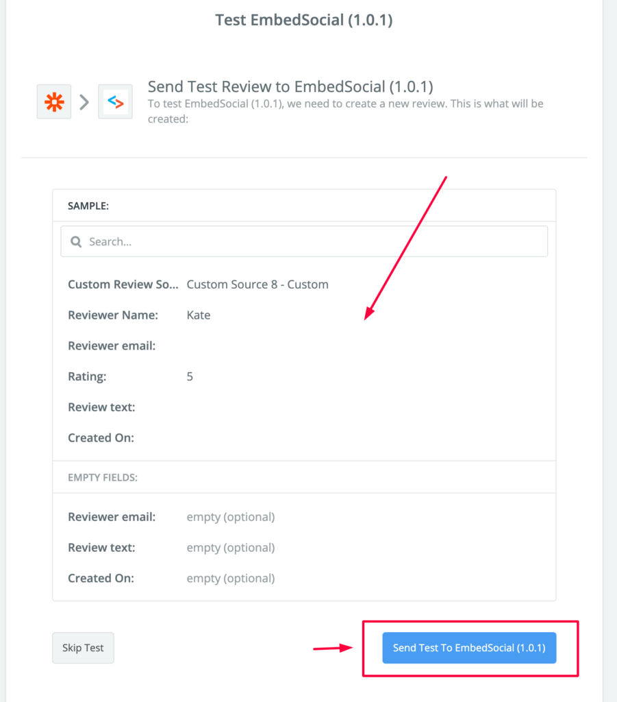 サンプルデータを確認してSend test to EmbedSocialをクリックしている画面