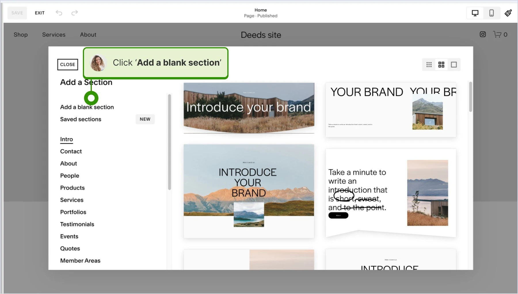clicking on adding new blank section