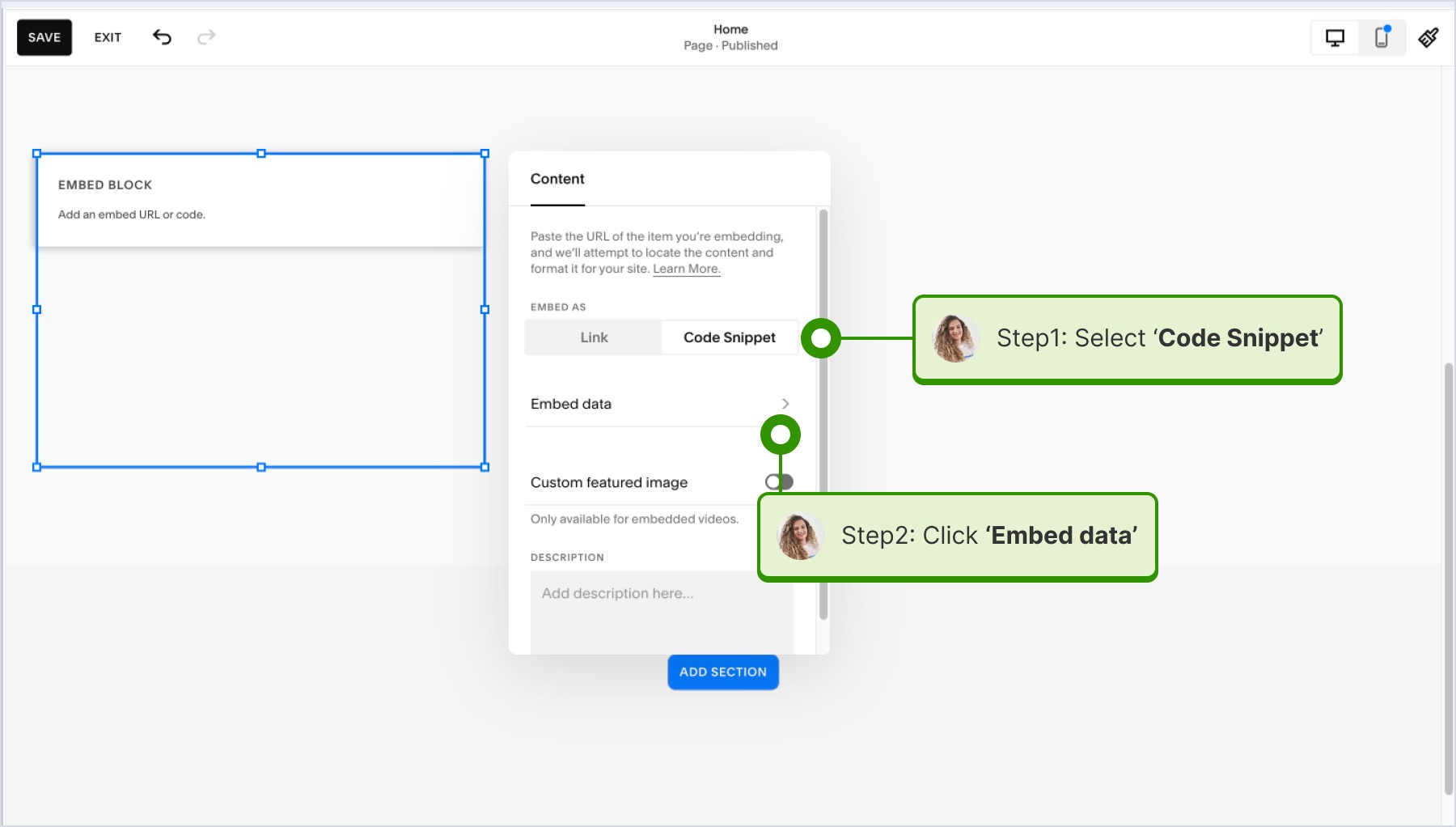 Code snippetを選んでコードを貼り付け、Embed dataをクリックしている画面