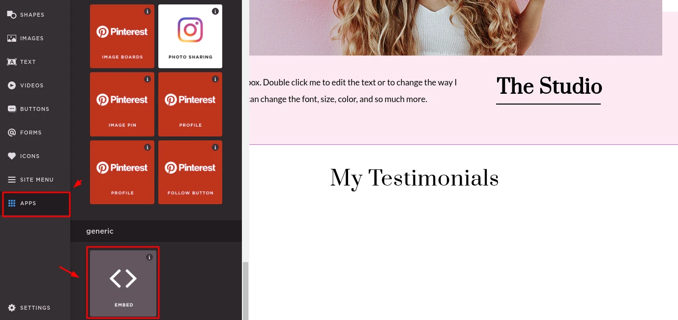 Selecting the Apps settings and choosing the Embed option