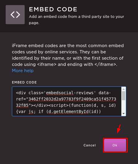 ウィジェットのコードを貼り付けてOkをクリックしている画面