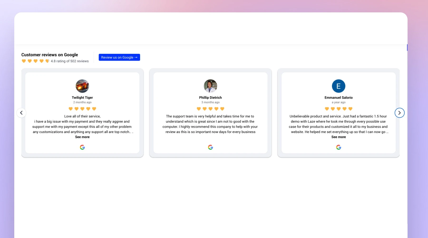 Google reviews embedded in PageCloud